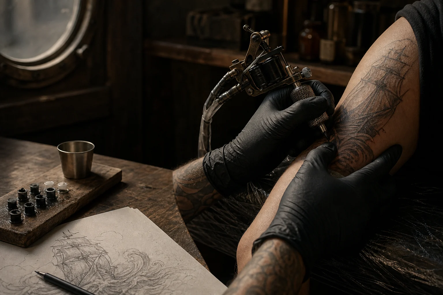 Tätowierer arbeitet konzentriert an einem Tattoo-Entwurf